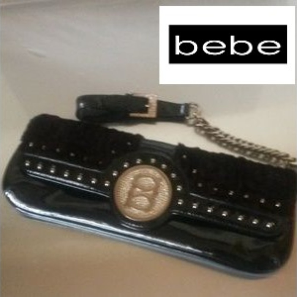 BeBe Black Clutch with Faux Fur Silver Hardware Jeweled B Emblem EUC